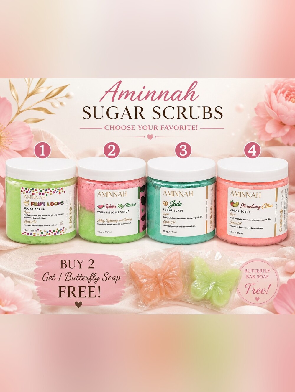 🦋Aminnah 8 oz Sugar Scrub – Choose Your Favorite! Buy 2, Get a FREE Butterfly